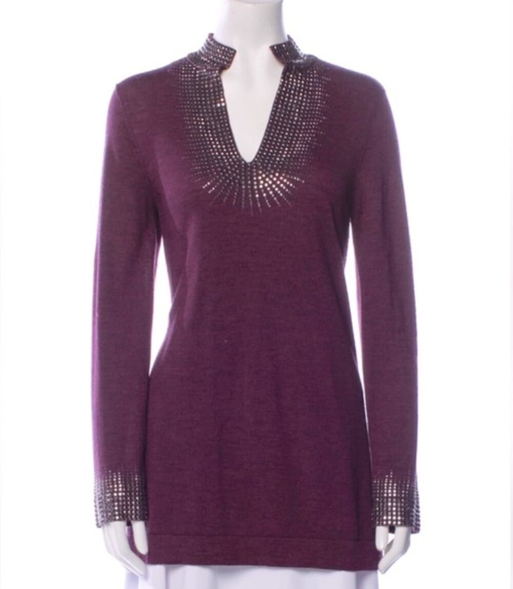 Tory Burch Purple Embellished Silver Studded Merino Wool Elegant Sweater sz. S
